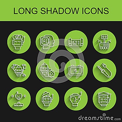 Set line Disassembled robot, Robot, low battery charge, Smart glasses, setting, Soldering iron and Battery icon. Vector Vector Illustration