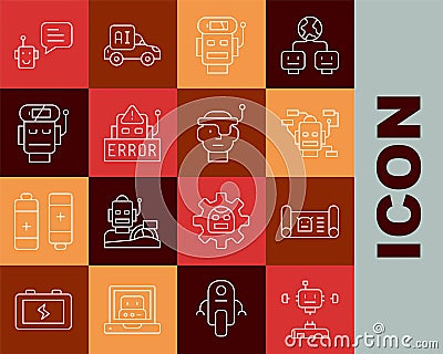 Set line Disassembled robot, Robot blueprint, low battery charge, Error, Bot and Smart glasses icon. Vector Vector Illustration