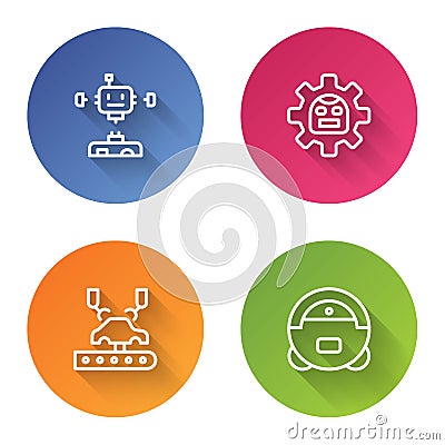 Set line Disassembled robot, Robot, Robotic arm on factory and vacuum cleaner. Color circle button. Vector Vector Illustration