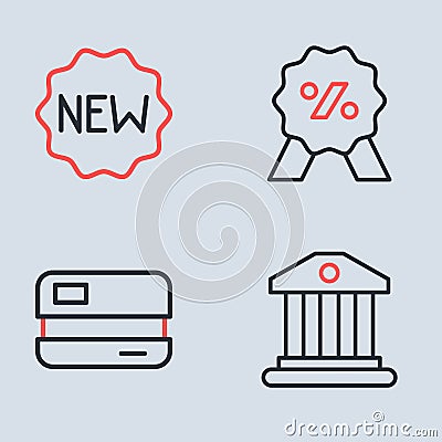 Set line Discount percent tag, Credit card, Bank building and Price with New icon. Vector Stock Photo