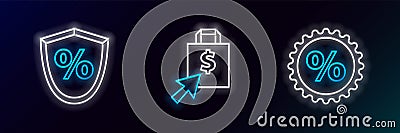 Set line Discount percent tag, Loan and Shoping bag and dollar icon. Glowing neon. Vector Stock Photo