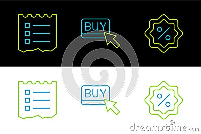 Set line Discount percent tag, Shopping list and Buy button icon. Vector Stock Photo