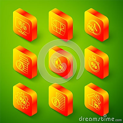 Set line Discount percent tag, Stacks paper money cash, Clock and, Coin with dollar, Money coin, Stopwatch, Gear and Vector Illustration