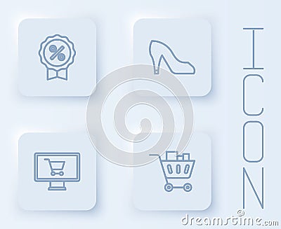 Set line Discount percent tag, Woman shoe, Shopping cart on monitor and and food. White square button. Vector Vector Illustration