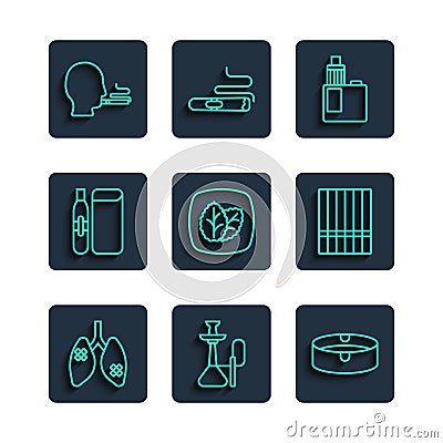 Set line Disease lungs, Hookah, Ashtray, Vape mod device, Tobacco leaf, Electronic cigarette, Man smoking and Cigarette Vector Illustration