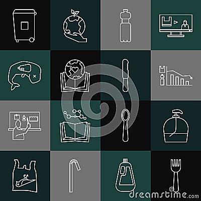 Set line Disposable plastic fork, Bottle of liquid soap, Ecology infographic, water, Earth globe and book, Environment Vector Illustration