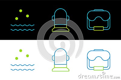 Set line Diving mask, Cold and waves and Buoy icon. Vector Vector Illustration
