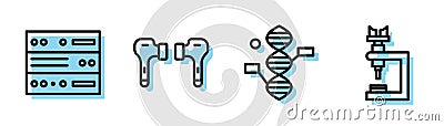 Set line DNA symbol, Server, Data, Web Hosting, Air headphones and Microscope icon. Vector Vector Illustration