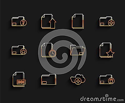 Set line DOC file document, Document folder, Unknown, Add cloud, Delete, with clock, star and icon. Vector Vector Illustration