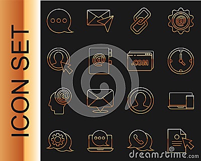 Set line Document and cursor, Monitor phone, Clock, Chain link, Address book, Create account screen, Speech bubble chat Vector Illustration