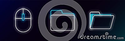 Set line Document folder, Computer mouse and icon. Glowing neon. Vector Stock Photo