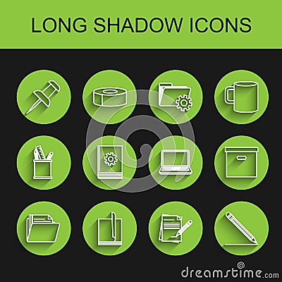 Set line Document folder, File document, Push pin, Blank notebook and pencil with eraser, Pencil line, User manual Vector Illustration