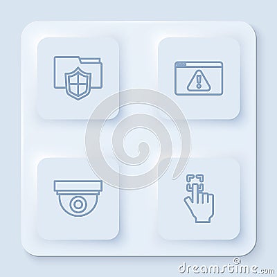 Set line Document folder protection, Browser with exclamation mark, Security camera and Fingerprint. White square button Vector Illustration