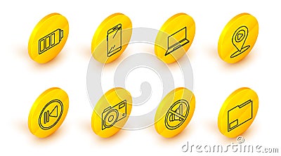 Set line Document folder, Speaker mute, Photo camera, Rewind, Digital media play with location, Laptop, Smartphone Vector Illustration