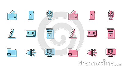 Set line Document folder, Speaker volume, Hand like, Dislike in speech bubble, Retro audio cassette tape, Tablet, Pencil Vector Illustration