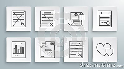 Set line Document with graph chart, Delete file document, Ordered envelope, Confirmed and check mark, Heart shield Stock Photo