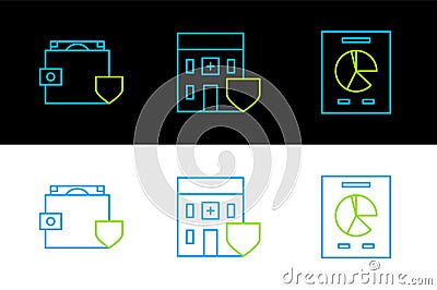 Set line Document with graph chart, Wallet and money shield and Medical hospital building icon. Vector Vector Illustration