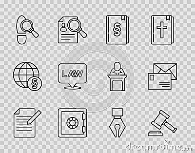 Set line Document and pen, Judge gavel, Law book, Safe, Footsteps, Location law, Fountain nib and Envelope icon. Vector Stock Photo