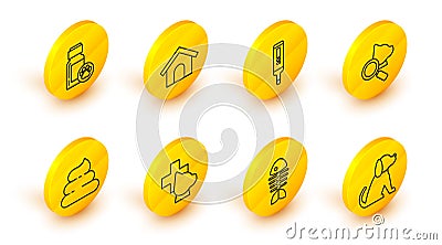 Set line Dog, Fish skeleton, Veterinary clinic symbol, Shit, Medical digital thermometer, house and medicine bottle icon Vector Illustration