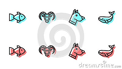 Set line Dog head, Fish, Head of goat or ram and Whale icon. Vector Vector Illustration