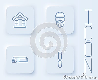 Set line Dog house, Lumberjack, Hacksaw and Chisel tool. White square button. Vector Vector Illustration