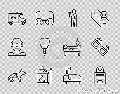 Set line Dog in wheelchair, Intercom, Human broken arm, Elevator for disabled, Emergency car, Dental implant, Hospital Vector Illustration