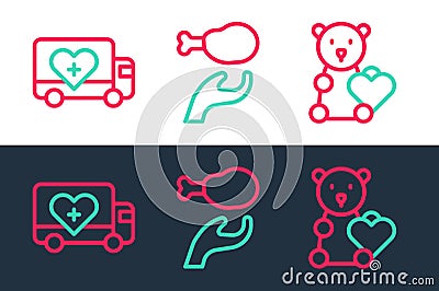 Set line Donate child toys, Humanitarian truck and Donation food icon. Vector Vector Illustration