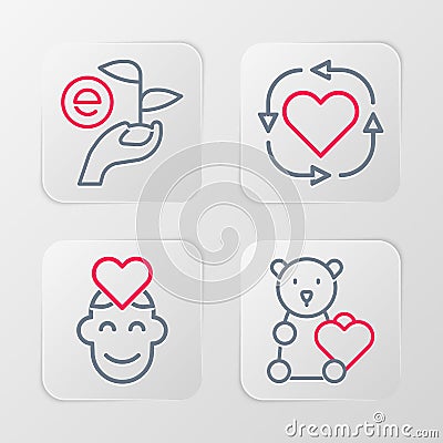 Set line Donate child toys, Volunteer, and Leaf in hand icon. Vector Stock Photo