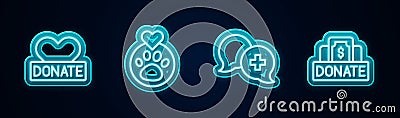 Set line Donation and charity, Heart with animals footprint, Dialogue doctor and . Glowing neon icon. Vector Vector Illustration
