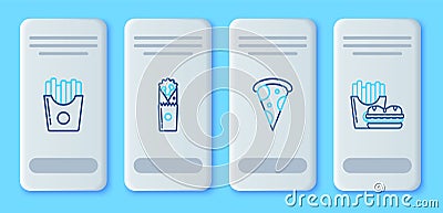 Set line Doner kebab, Slice of pizza, Potatoes french fries in carton package box and Burger and icon. Vector Vector Illustration