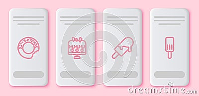 Set line Donut, Cake plate, Ice cream and . White rectangle button. Vector Vector Illustration