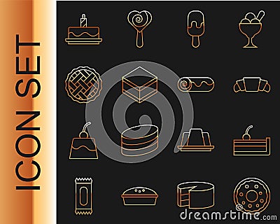 Set line Donut, Cherry cheesecake, Croissant, Ice cream, Brownie chocolate, Homemade pie, Cake with burning candles and Vector Illustration