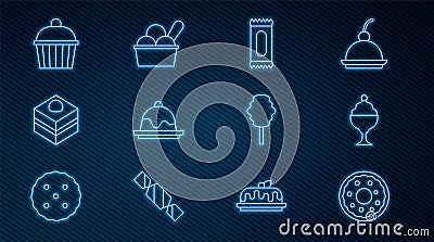 Set line Donut, Ice cream in bowl, Candy, Cake, Brownie chocolate cake, Cotton candy and icon. Vector Vector Illustration
