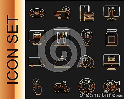 Set line Donut, Online ordering and delivery, Cafe restaurant location, burger, Hotdog sandwich and icon. Vector Vector Illustration