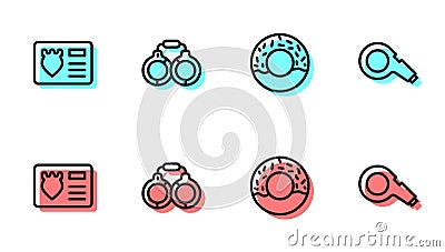 Set line Donut, Police badge with id case, Handcuffs and Whistle icon. Vector Vector Illustration