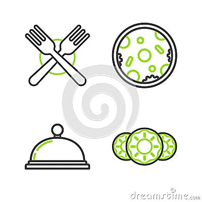 Set line Donut with sweet glaze, Covered tray of food, Pizza and Crossed fork icon. Vector Vector Illustration