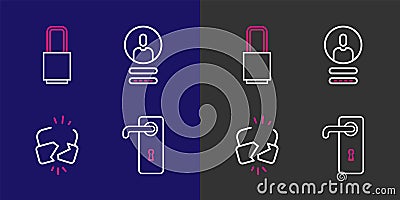 Set line Door handle, Broken cracked lock, Create account screen and Lock icon. Vector Vector Illustration