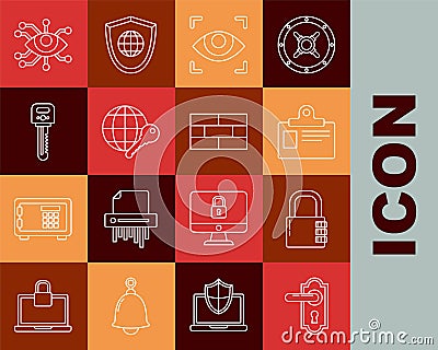 Set line Door handle, Safe combination lock, Identification badge, Eye scan, Globe key, Key, and Bricks icon. Vector Vector Illustration