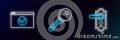 Set line Door handle, Secure your site with HTTPS, SSL and Key icon. Glowing neon. Vector Stock Photo