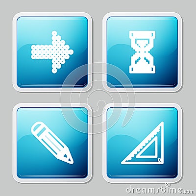 Set line Dots arrow, Hourglass pixel, Pencil and Triangular ruler icon. Vector Vector Illustration