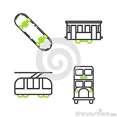 Set line Double decker bus, Tram and railway, Old city tram and Skateboard icon. Vector Vector Illustration