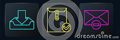 Set line Download inbox, Delete envelope and Envelope and check mark. Black square button. Vector Vector Illustration