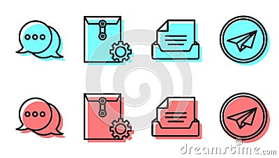 Set line Drawer with document, Speech bubble chat, Envelope setting and Paper plane icon. Vector Vector Illustration