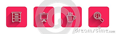 Set line Drawer with documents, Chalkboard diagram, Coffee cup and Magnifying glass for search people with long shadow Vector Illustration