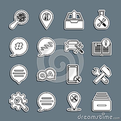 Set line Drawer with documents, Crossed hammer and wrench, Interesting facts, Upload inbox, Speech bubble snoring Vector Illustration