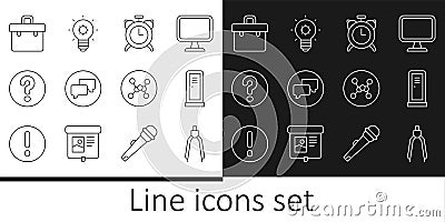 Set line Drawing compass, Locker or changing room, Alarm clock, Speech bubble chat, bubbles with Question, Briefcase Vector Illustration