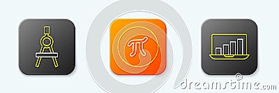 Set line Drawing compass, Pi symbol and Laptop with graph chart icon. Vector Vector Illustration