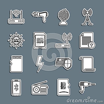 Set line Drill machine, Paper scroll, Upload file, Earth globe, SD card, UV protection, Router and wi-fi and icon Vector Illustration