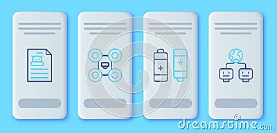 Set line Drone, Battery, Technical specification and Artificial intelligence icon. Vector Stock Photo