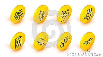 Set line Drone, Bot, Soldering iron, Technical specification, Mechanical robot hand, Robot charging battery, and icon Vector Illustration